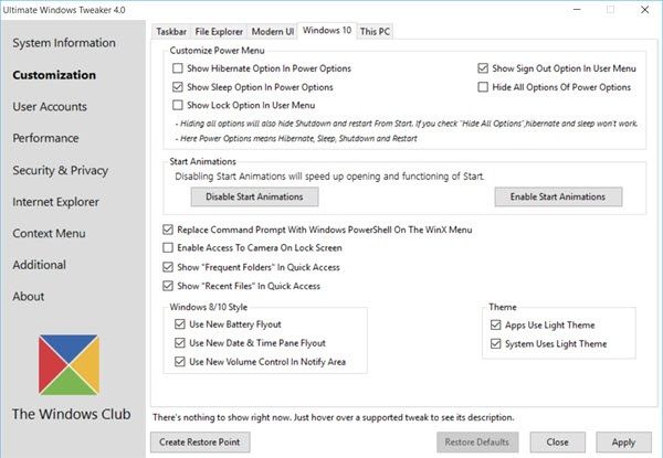 Скриншот примера Windows 10 Ultimate для Windows Tweaker 4