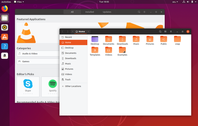 Рабочий стол Ubuntu 18.10 с новой темой