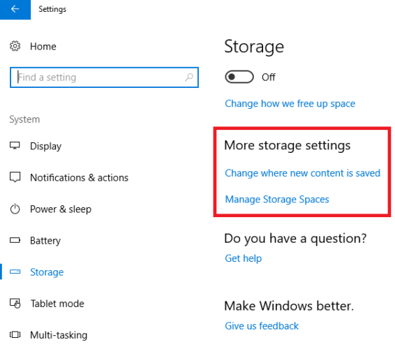 Windows 10 больше настроек хранения