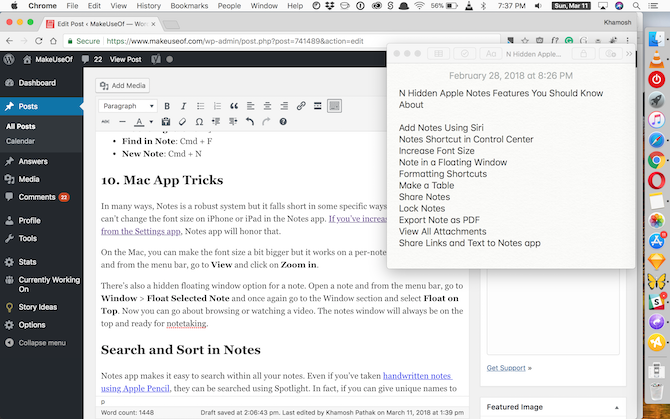 Особенности Apple Notes - Плавающее окно Mac