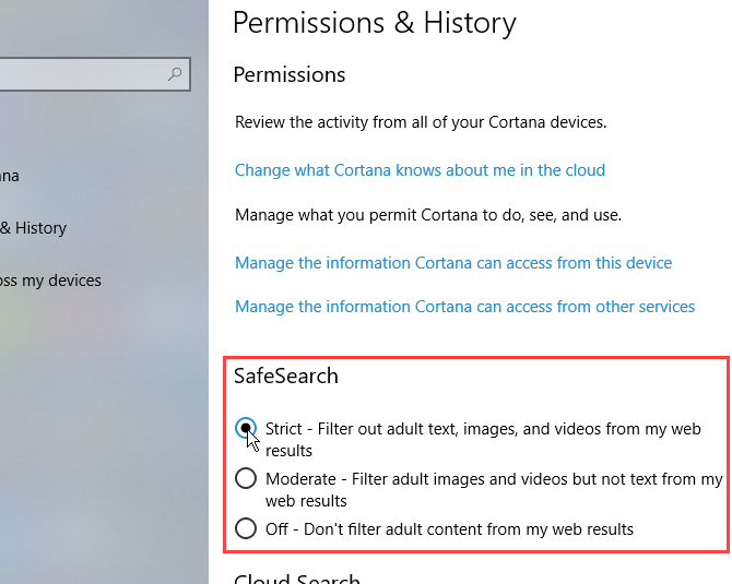 Настройки Cortana SafeSearch