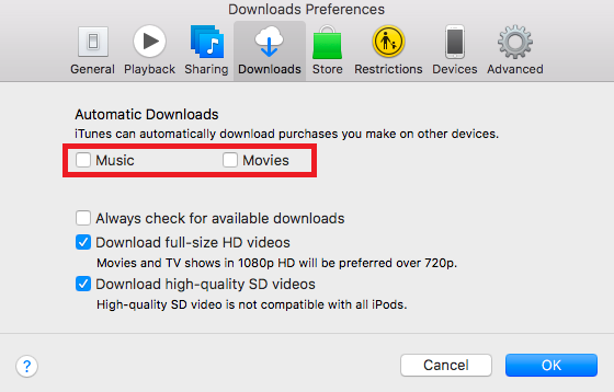 iTunes отключает автоматические загрузки