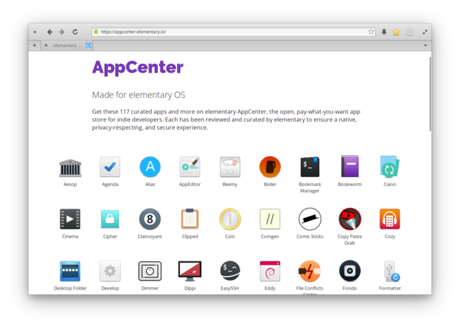 Приложения AppCenter в окне браузера на элементарной iOS"Juno"