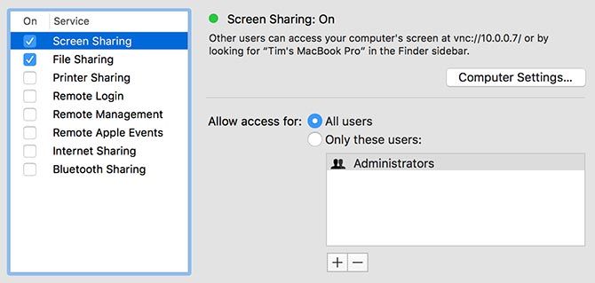 Настройки общего доступа macOS