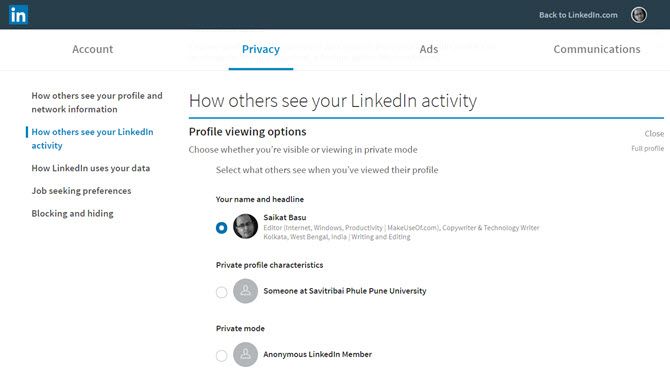 Страница настроек видимости профиля LinkedIn