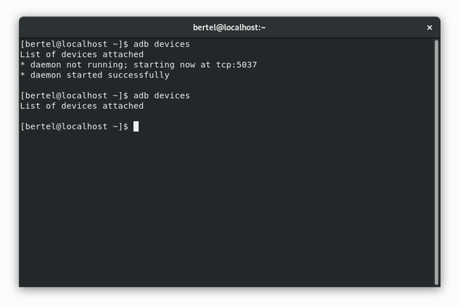 Терминал Linux, показывающий"adb devices" command with no result