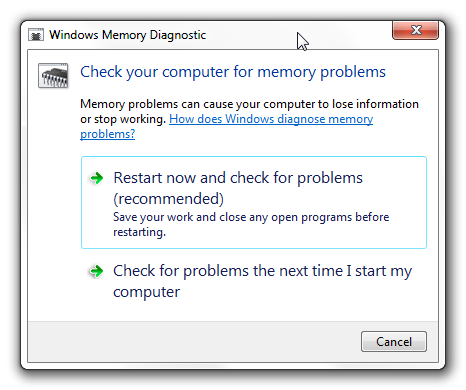 Параметры диагностики памяти Windows