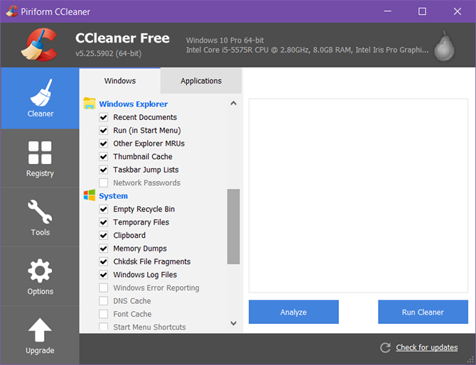 окна-техническое обслуживание инструмента CCleaner