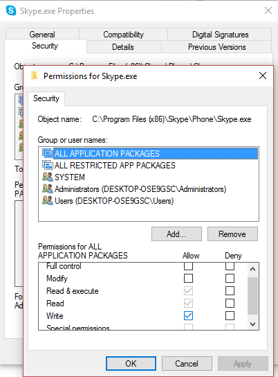 Управление разрешениями Skype