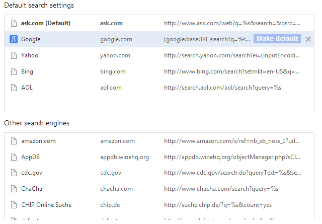 Chrome Полный список поисковых систем