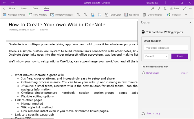поделиться записной книжкой с OneNote для Windows 10