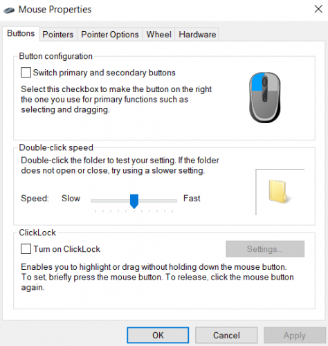 Свойства мыши Windows 10 clicklock