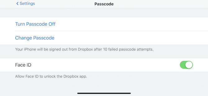 Настройки пароля Dropbox для iPhone