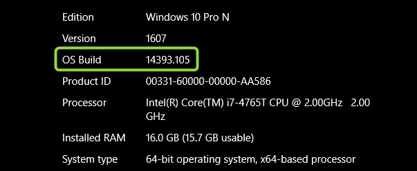 Номер сборки операционной системы Windows 10