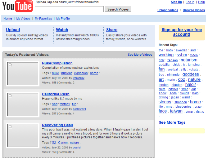 Скриншот YouTube в 2005 году