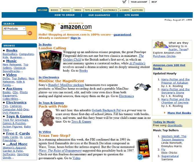 Скриншот Amazon's website in 1999