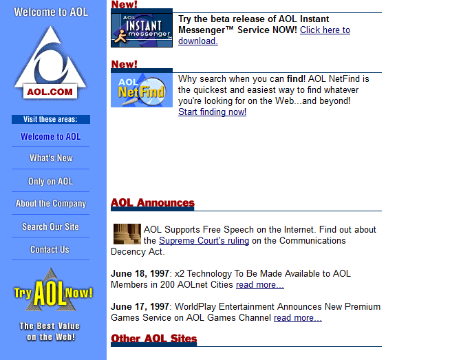 Скриншот AOL's website in 1997