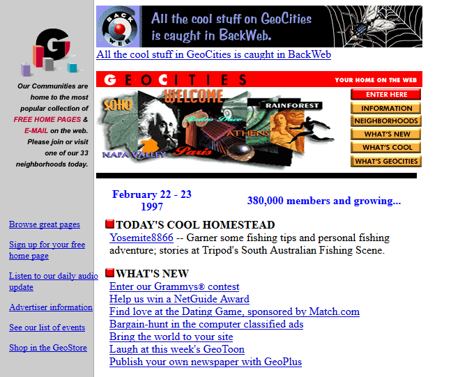 Скриншот GeoCities' website in 1997