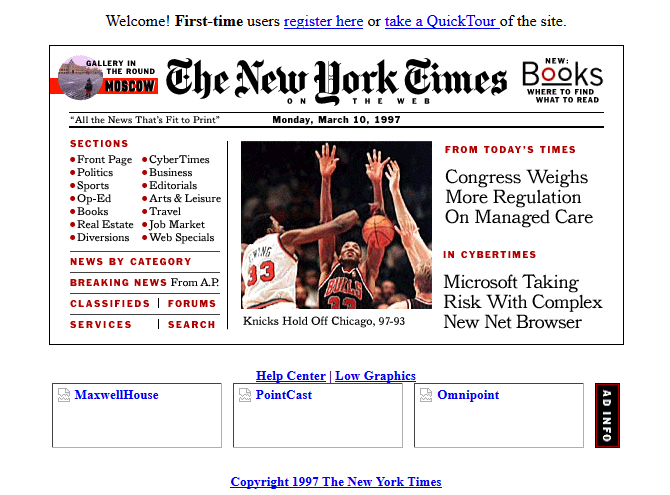 Скриншот сайта New York Times в 1997 году