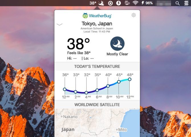 Weatherbug-Mac приложения панели меню
