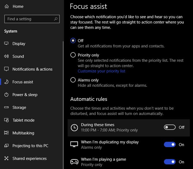 Windows, 10-Focus-Assist-Options