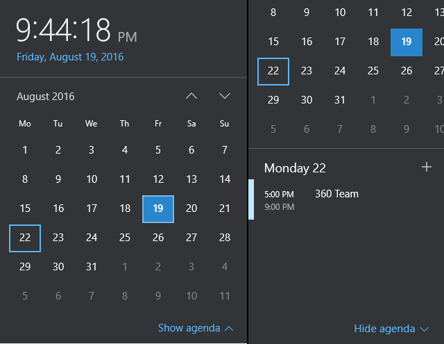 Календарь панели задач Windows 10