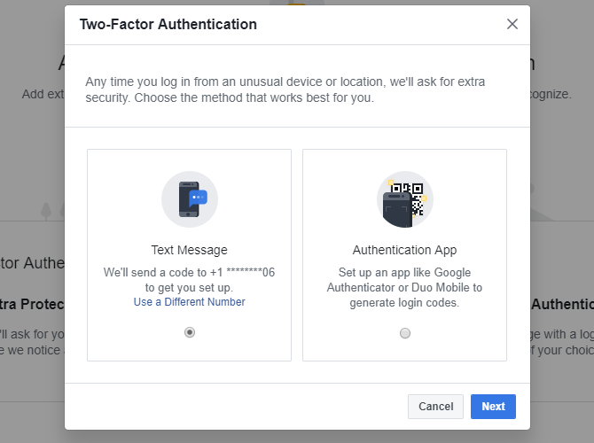 Выберите метод, который вы хотите использовать для Facebook's two-factor authentication.