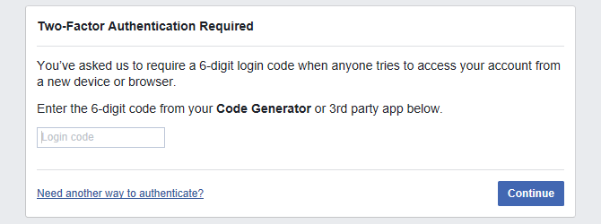 Требуется код авторизации для двухфакторной аутентификации Facebook.