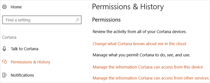 Кортана разрешения в Windows 10