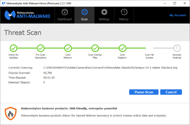 Скриншот сканирования угроз MalwareBytes