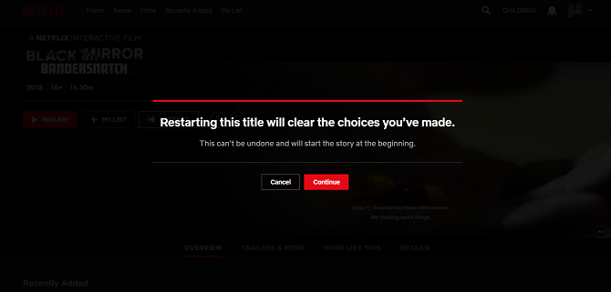 Netflix Black Mirror: диалоговое окно перезапуска Bandersnatch