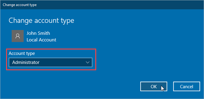 Изменить тип учетной записи каталога в настройках Windows 10