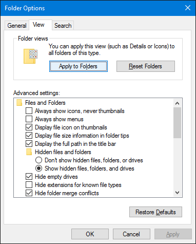 Параметры папки проводника Windows 10
