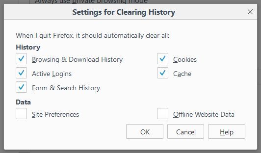 Настройки Firefox для очистки истории