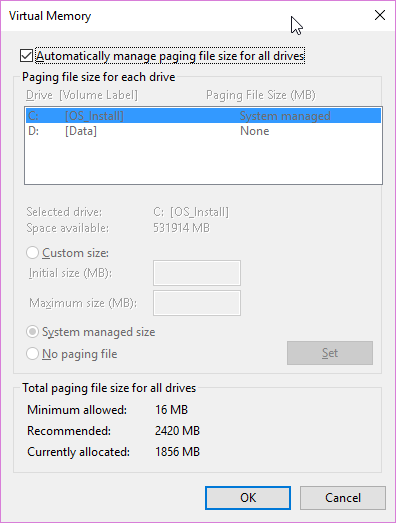 Параметры файлов подкачки Windows