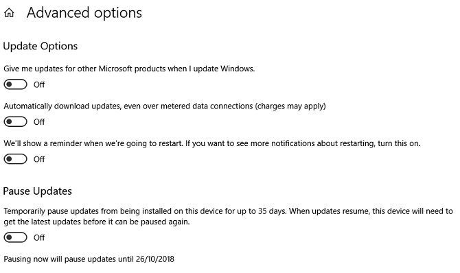 Настройки расширенного обновления Windows 10