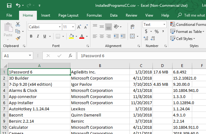 Список установленных программ из CCleaner в Excel