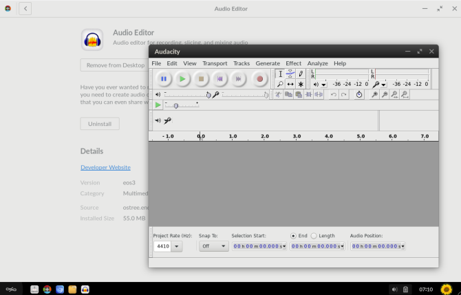 VLC аудио редактор, открытый на рабочем столе Endless OS