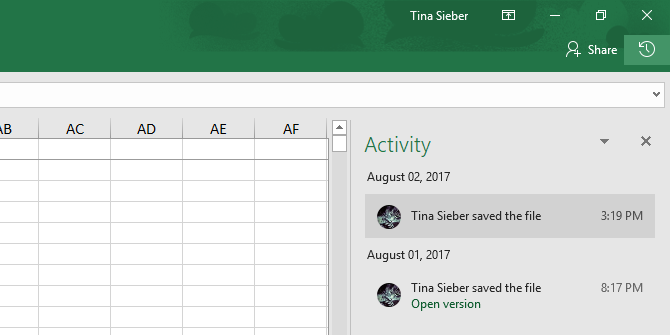 Версия файла активности Excel 2016
