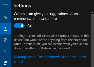 Настройки Windows 10 Cortana