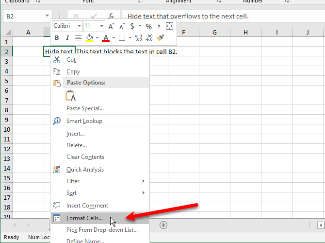 Выберите «Формат ячеек», чтобы скрыть переполнение текста в Excel.