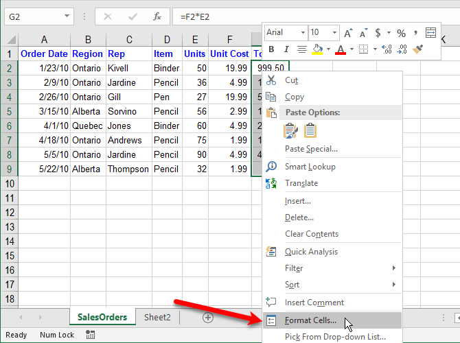 Выберите Формат ячеек, чтобы скрыть формулы в Excel