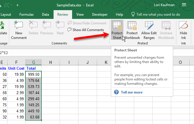 Нажмите Защитить лист в Excel