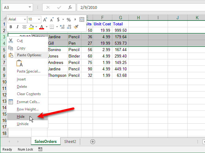 Скрыть строки в Excel