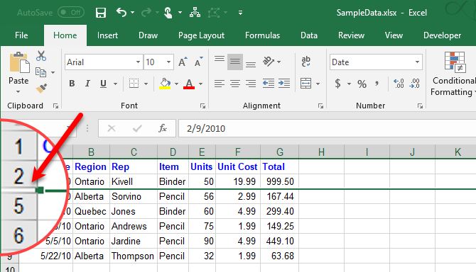 Строки спрятаны в Excel