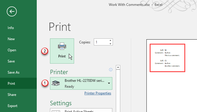Печать экрана на вкладке «Файл» в Excel