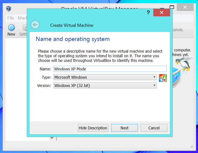 создать виртуальную машину для Windows XP в Virtualbox