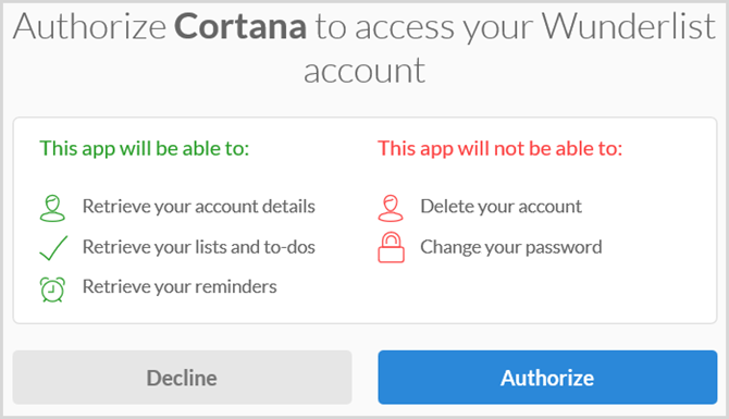 Cortana авторизовать Wunderlist