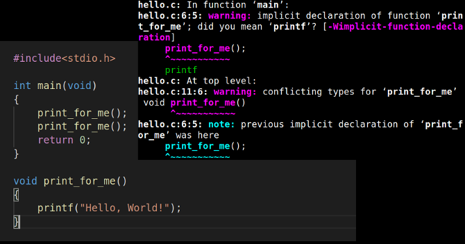 Составное изображение, показывающее код без прототипа и предупреждение, которое дает компилятор c