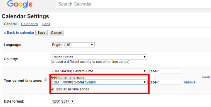 настройки часового пояса календаря Google